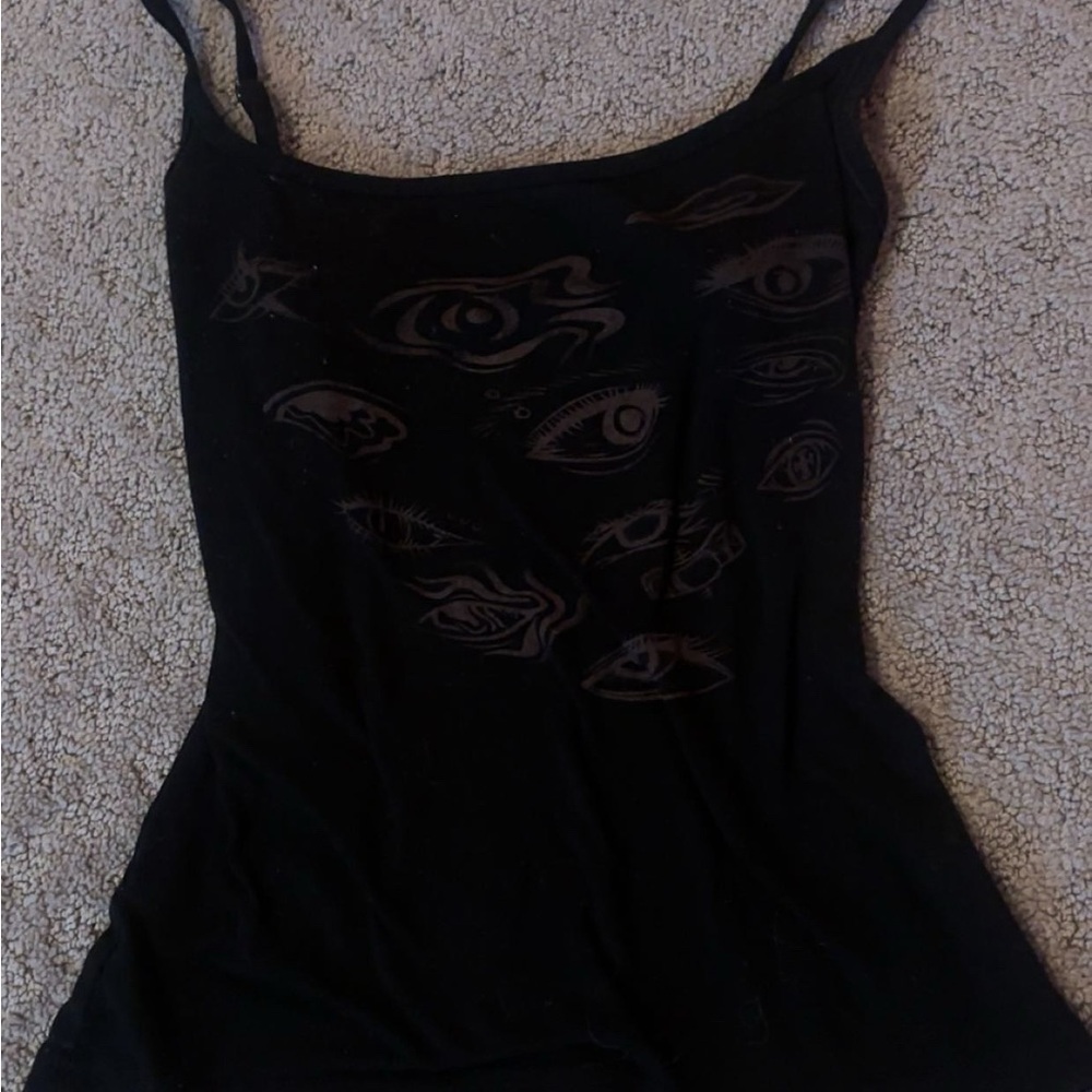 Black Spaghetti Strap Top with Diy Bleach Handpainted Eye Design